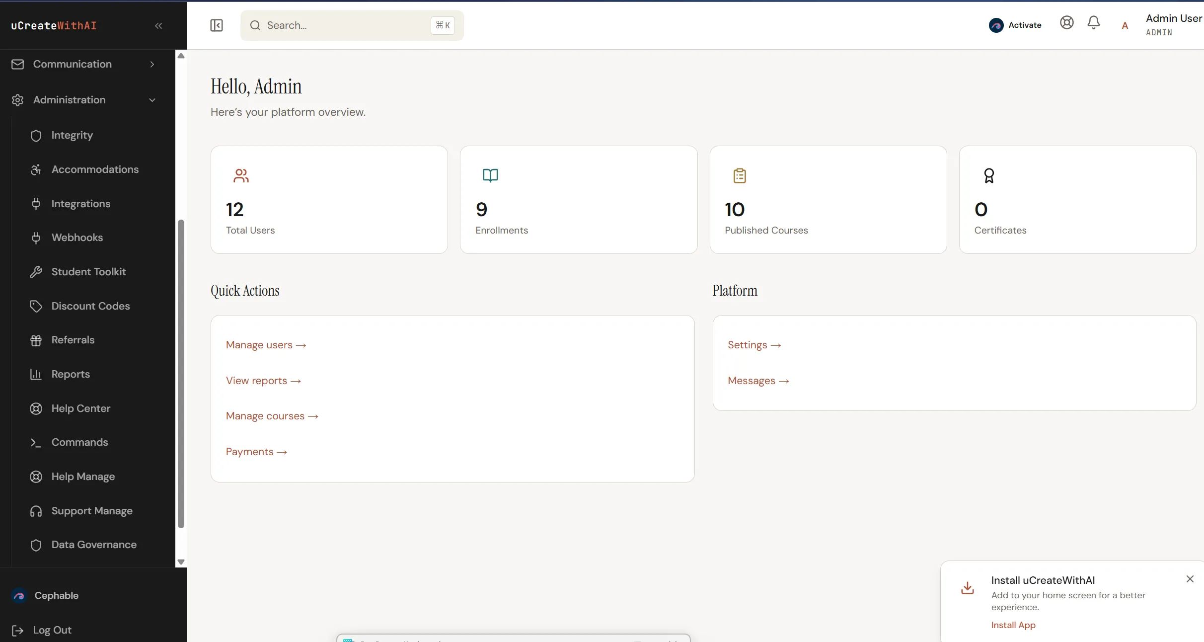 uCreateWithAI admin dashboard showing live platform stats
